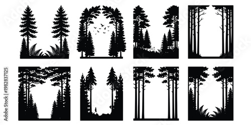 Rustic pine forest silhouette frames, 8 evergreen tree border elements, black coniferous woodland vector set for outdoor branding and wilderness logos