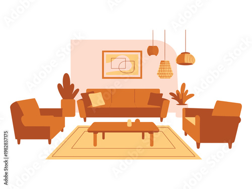 Living room interior features a cozy sofa and armchair set with modern home decor.