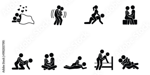 Sexual positions stick figure icon set, couple intimacy and kama sutra vector illustrations, black and white human silhouettes in bed