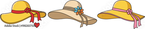 Set of Cartoon Illustrations of Elegant Sun Hats with Ribbons and Flowers for Fashion, Summer Accessories, and Stylish Designs