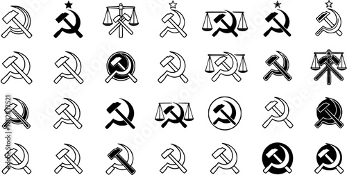 Collection of Hammer and Sickle Icons: Various Black and White Vector Symbols Representing Communism, Socialism, and Soviet Union Imagery, Some Including Stars or Scales of Justice.