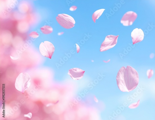 Beautiful delicate pink cherry blossom petals gently drift and scatter across the clear bright blue sky, creating a serene and peaceful springtime scene on a sunny day