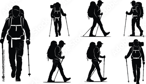 Hiking silhouette collection diverse poses of people with backpacks and poles