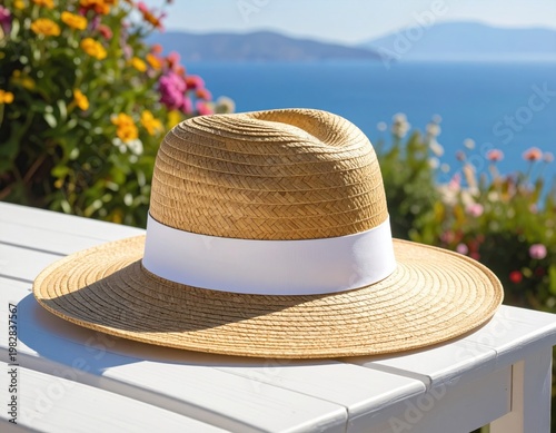 Beautiful straw hat with a white band rests on a white table overlooking the vibrant blue sea, distant mountains, and colorful summer flowers