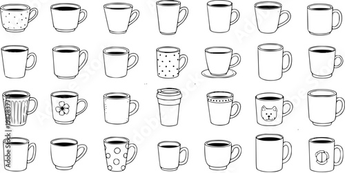 Detailed collection of 30 hand-drawn line art coffee and tea mugs illustration set, featuring diverse designs from plain to decorated, perfect for hot beverage themes and kitchen decor.