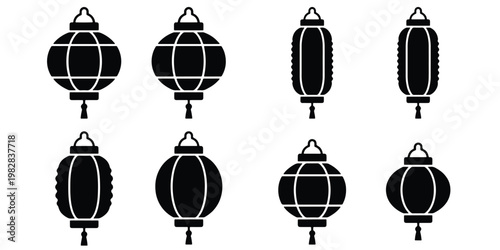 Traditional Chinese lantern icons set, black silhouette oriental paper lanterns, 8 vector elements for lunar new year and mid-autumn festival decoration