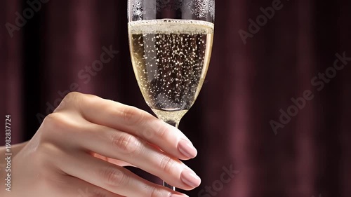 Close Up Of A Hand Holding A Champagne Flute Filled With Bubbly Golden Liquid Against A Dark Red Curtain Background