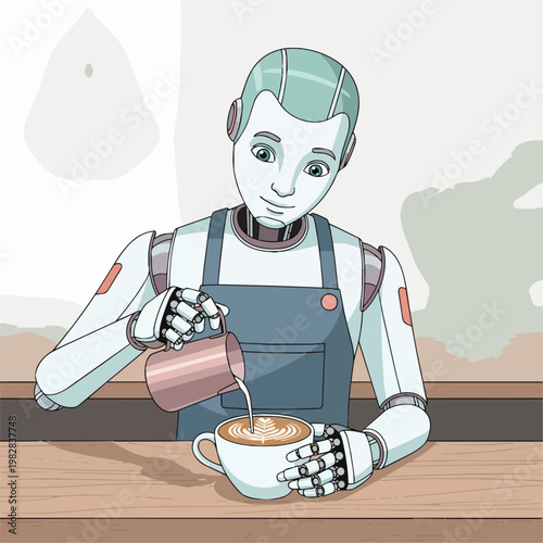A humanoid service robot acting as a barista, expertly pouring latte art into a coffee cup behind a minimalist cafe counter. Modern vector illustration, friendly expression, pastel and wood tones,