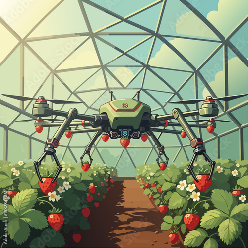 An agricultural robot drone with multiple arms delicately picking ripe strawberries in a geometric greenhouse setting. Flat vector design, green and red color scheme, sunny and bright atmosphere.