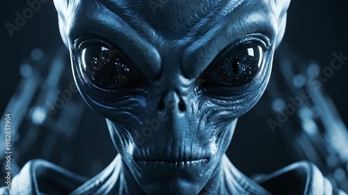 Close Up Portrait Of An Extraterrestrial Being With Large Dark Eyes And Grey Skin Under Blue Dramatic Lighting