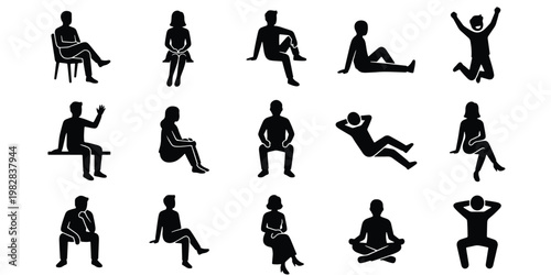 Sitting people silhouettes set, collection of 15 black vector icons of men and women in various seated poses, human figures resting and relaxing