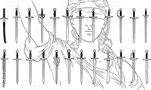 Blindfolded Lady Justice with Many Swords Line Art Illustration, a Symbolic Depiction of Conflict, Judgment, and Struggle in Monochrome