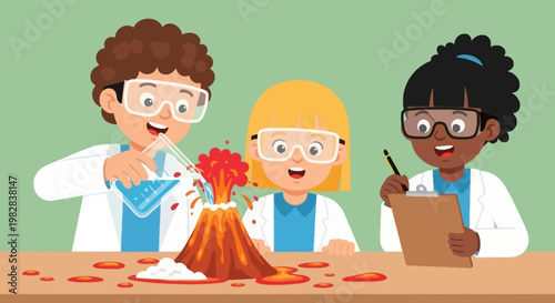 Kids doing fun science experiment with volcano eruption in classroom learning chemistry education illustration