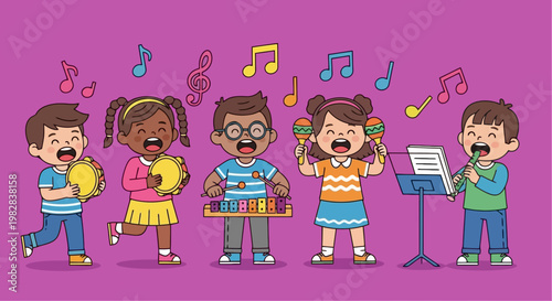 Kids Music Band Singing Playing Instruments Colorful Fun