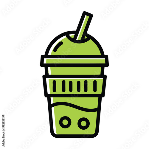 Green Bubble Tea Cup Icon with Tapioca Pearls and Straw for Refreshing Cold Beverage Menu Design