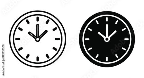 Two round analog clocks displaying different times black and white silhouette