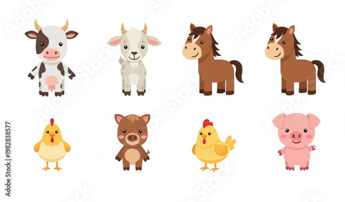 Cartoon farm animals vector set with cow goat horse chicken and pig