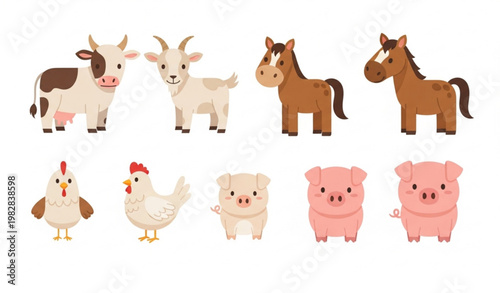 Farm animal vector bundle with cartoon cow goat horse pig and chicken