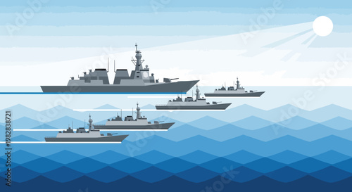 warships on sea with mountains