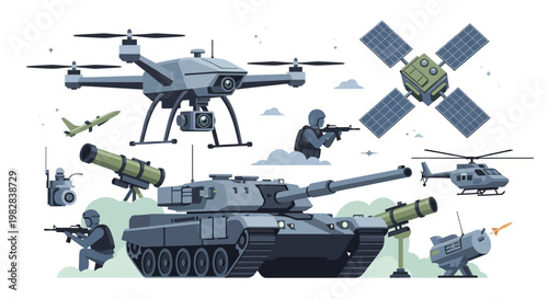 Military vehicles and drone illustration