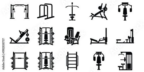 Gym equipment icons set, professional fitness machine vector collection, black workout station silhouettes for bodybuilding and strength training
