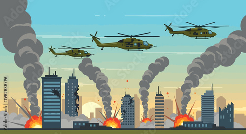 urban disaster rescue helicopter flying over burning city