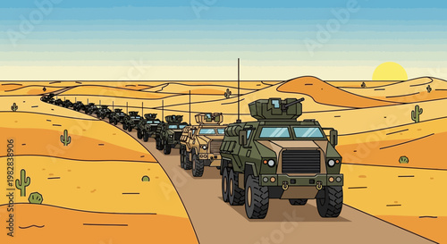 military convoy crossing desert at dusk