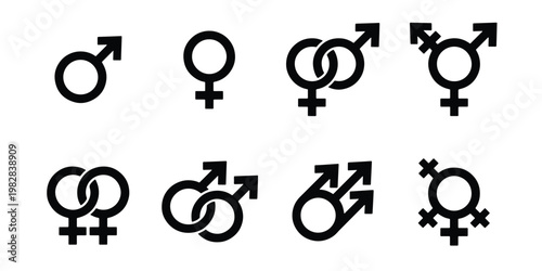 Gender identity symbols set, 8 black vector icons for male female and transgender, lgbtq pride and sexual orientation signs on white background