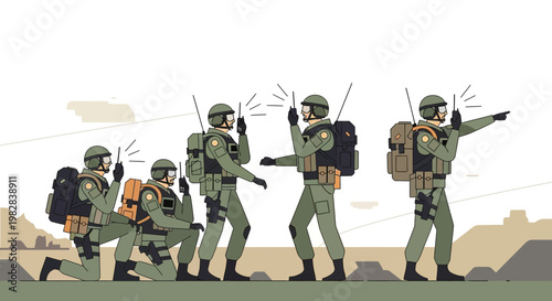 Military team aiming drone in desert mission