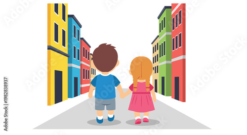 A young boy and girl walk away from the viewer while holding hands on a clean gray path between vibrant yellow, blue, and red city buildings.