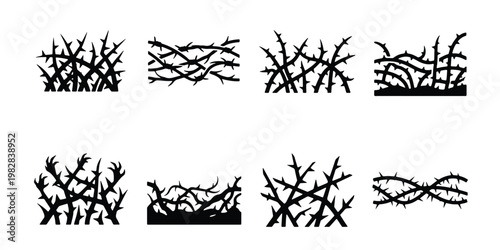 Thorny branch silhouettes set, black bramble bush icons on white background, 8 prickly vine vector elements for gothic and nature design