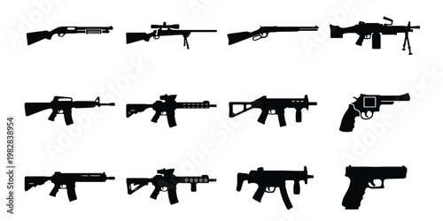 Military weapon silhouettes set, 12 firearm icons including rifles and handguns, black gun vector collection for tactical design and gaming