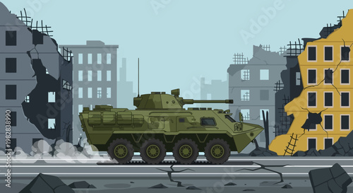 Military vehicle demolishing urban building