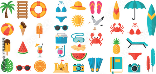 Summer Beach Icons Set with Pool, Sunglasses, Ice Cream, Sea Creatures, and Tropical Accessories for Travel, Websites, and Media