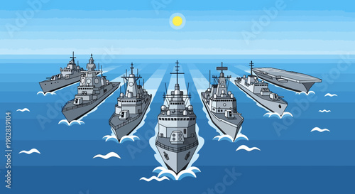 Naval Warships Sailing in Strategic Formation