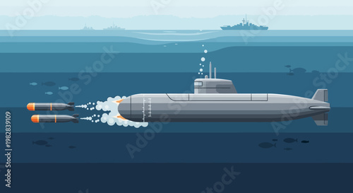 submarine launching underwater missiles at dusk