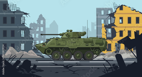 military tank in front of destroyed building