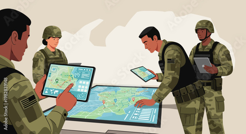 Military Control Room with Multiple Screens Monitoring