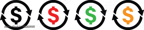 Dollar Currency Exchange Cycle Icons Set – Financial Rotation Arrows with USD Symbol in Different Colors Vector Illustration