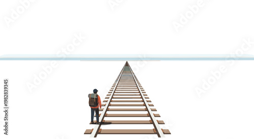 A lone male traveler wearing a large backpack stands on a wooden railroad track that extends into the distance under a bright and clear white sky.