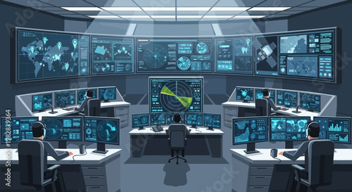 High-Tech Command Center Monitoring Security Systems