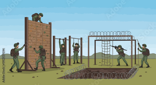 Modern Military Training Camp with Soldiers Exercising Outdoors