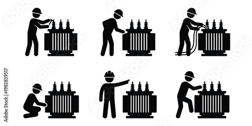 Electrician working on power transformer icons set, electrical engineer maintenance and repair vector, industrial power grid technician silhouettes