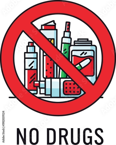 Clear visual warning illustration prohibiting illegal drugs and narcotics, promoting a healthy lifestyle free from substance abuse and harmful addiction.
