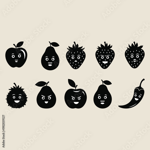 Assorted fruits with faces expressing various emotions in black and white