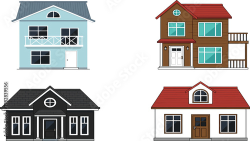Modern and Classic Residential Houses Set Featuring Suburban Homes, Exterior Architecture, Family Living Spaces, and Real Estate Property Designs in Clean Flat Vector Style.