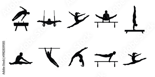Gymnastics silhouette icons set, professional gymnast athletes performing on apparatus, 10 vector elements for sports competition and fitness design