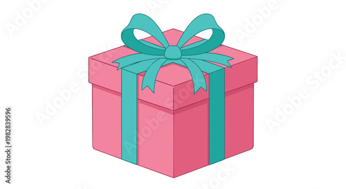 A vibrant pink rectangular gift box sits elegantly against a pure white background while adorned with a meticulously tied teal ribbon and large decorative bow.