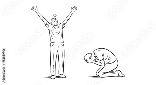 Line art showing two figures one celebrating and one in despair