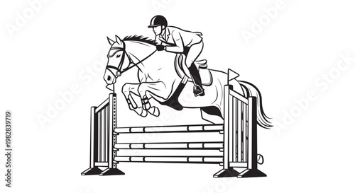 Equestrian jumping over obstacle in competition line drawing